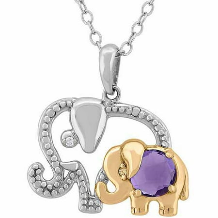 Amethyst and Diamond Accent Sterling Silver and 18kt Gold over Sterling Silver Mother and Baby Elephant Pendant, 18