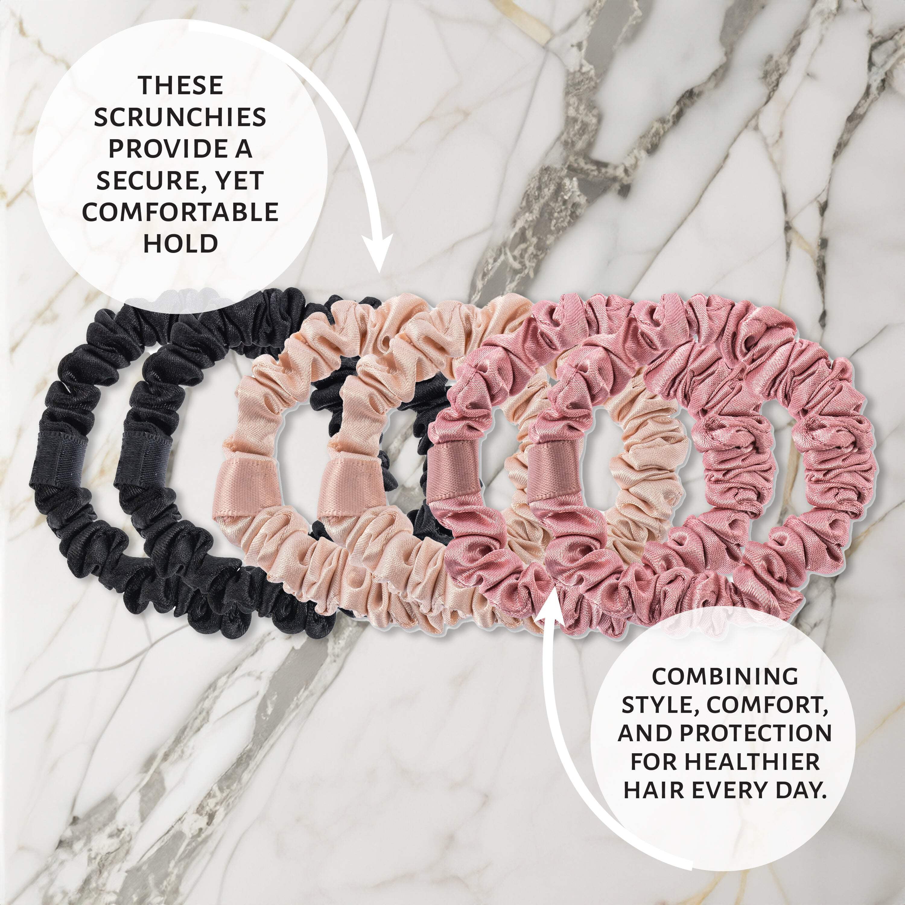 Market Fresh Beauty Silk Skinny Hair Scrunchies, 6 Pack - Silk Hair Ties for All Hair Types, Prevents Hair Breakage  Crease-Free Hold - Elegant Beige, Blush Pink, Black