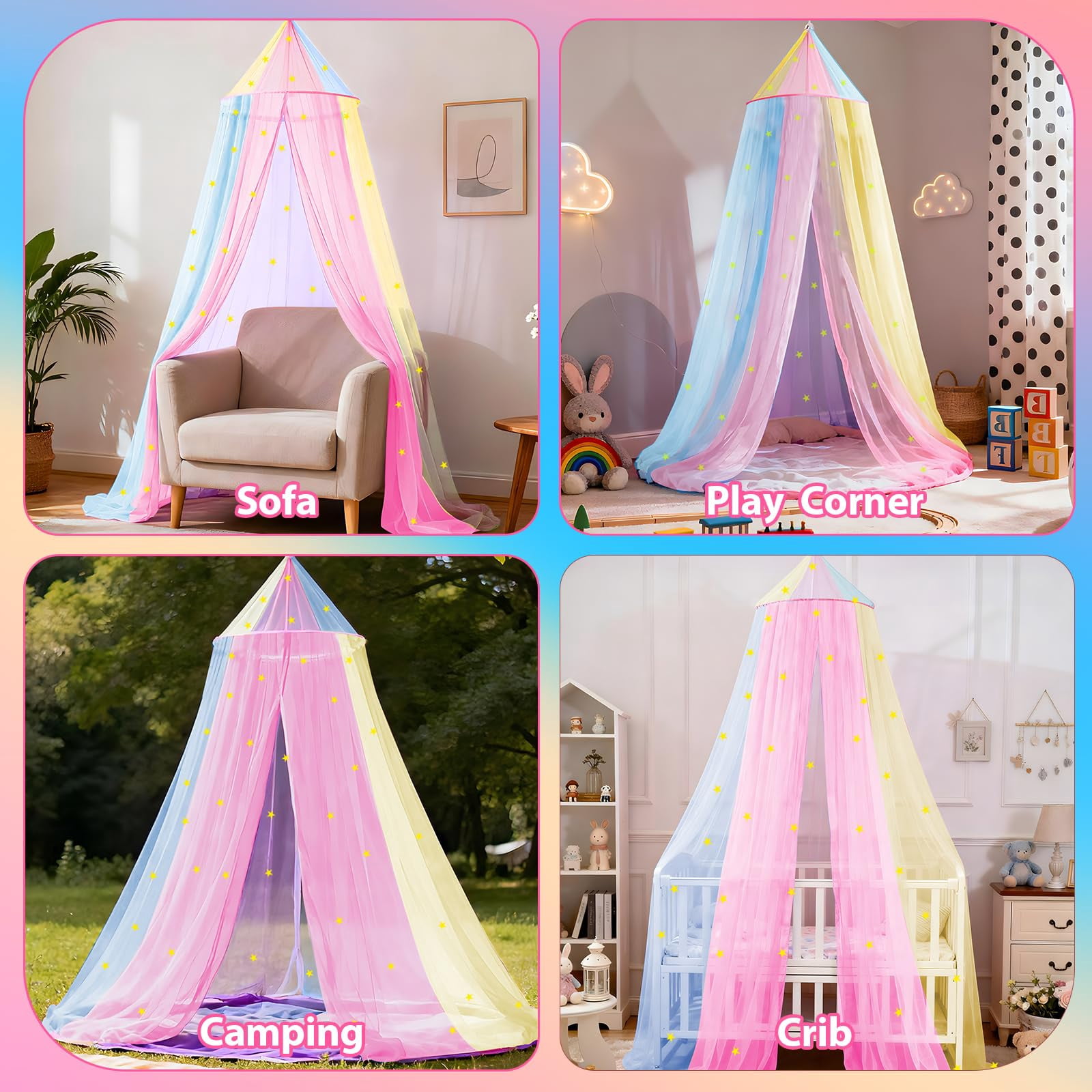 Rainbow Bed For With Glowing Stars  Colorful Princess Curtains Full And Queen Sizes Mosquito Netting Ceiling Tent Bedroom Decor