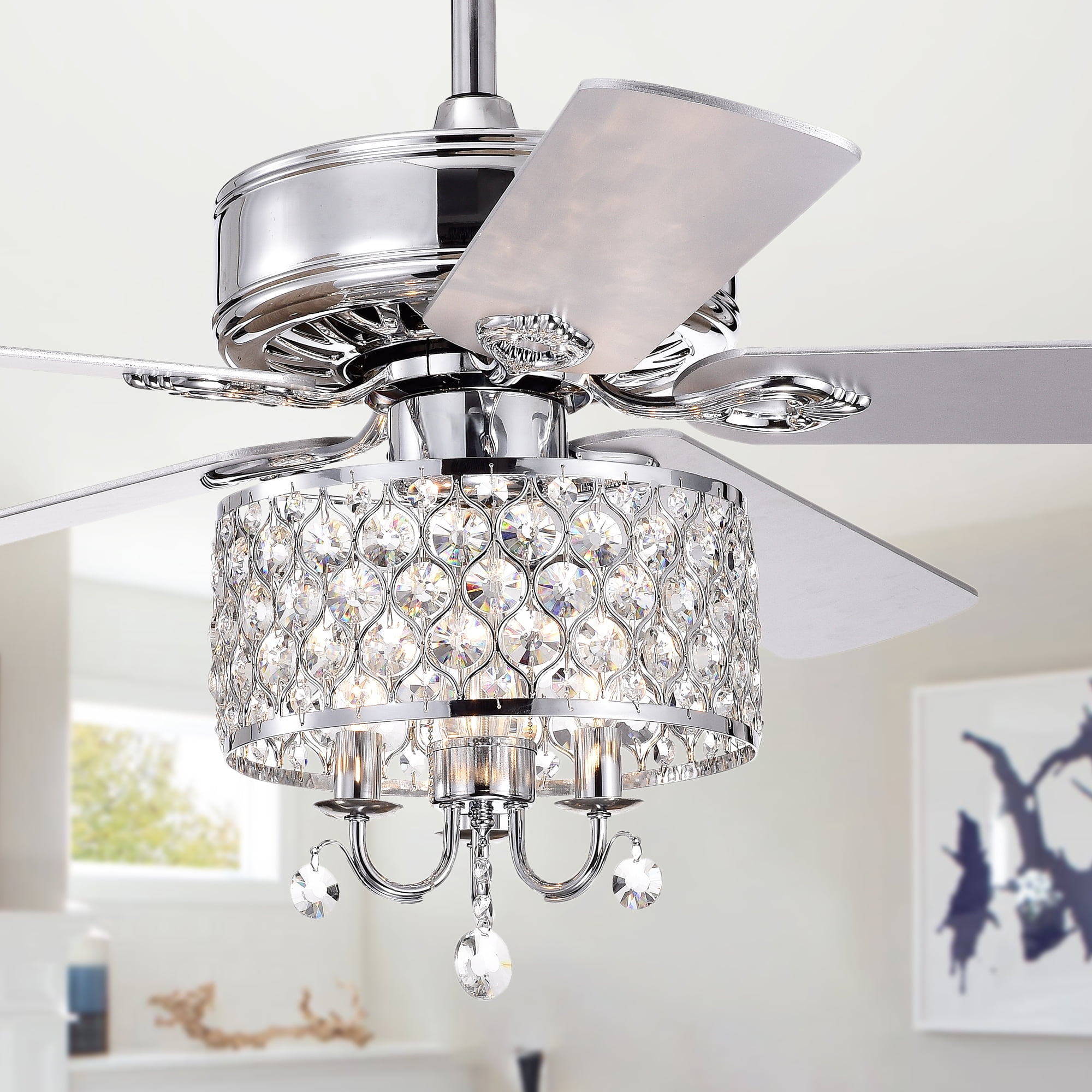 Fengren 52 Inch Chrome Lighted Ceiling Fan With Crystal Drum Shade