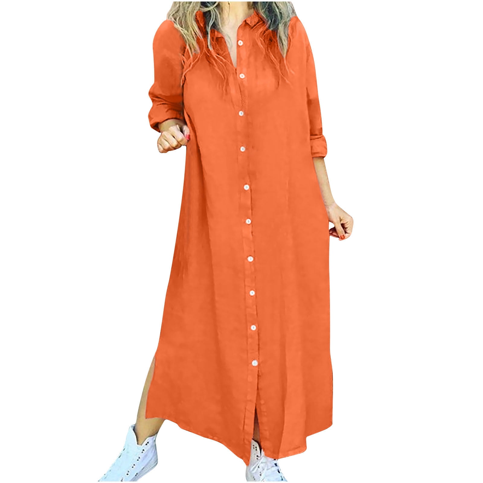 Bowake Women s Button Down Shirt Dress Lapel Long Sleeve Cotton Linen Dress Split Casual Loose Comfy Maxi Long Dress Orange