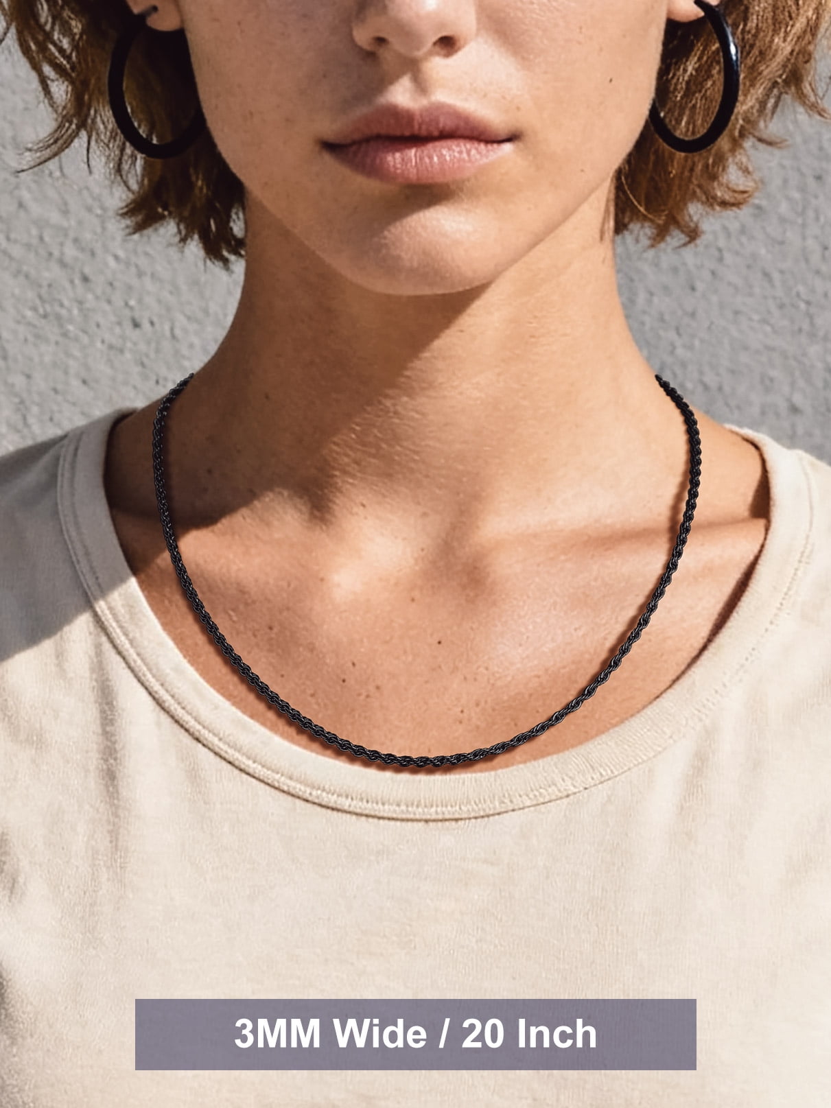 Bandmax 3MM Black Women Men Rope Chain Necklace 20 Inch Stainless Steel Twist Chain for Small Pendant Birthday Gift for Men Women