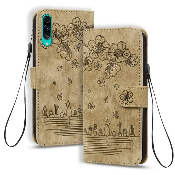 Allytech for Samsung Galaxy A50 6.4" 2019 Case, PU Leather Flip Wallet Case with Cart Slot Hand Strap and Kickstand Shockproof Protective Case for A50 Ladies Women Girls Men, Brown