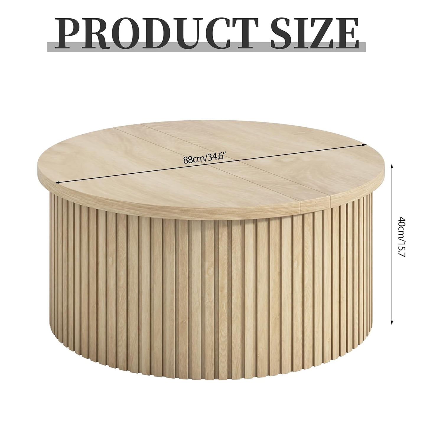Round Coffee Table for Living Room, Farmhouse Lift Top Coffee Table, Fluted Center Table with Storage (Wood)