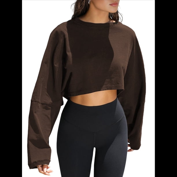 Sudaderas de Larga con Globo para Mujer, Sudaderas , Cuello Redondo Extragrande Marrón L