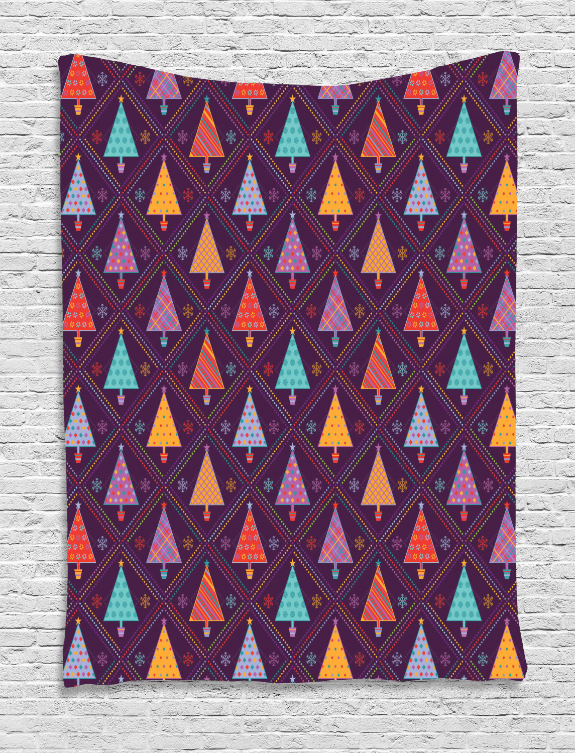 Christmas Tapestry, Colorful Triangle Trees in Pots with Festive
