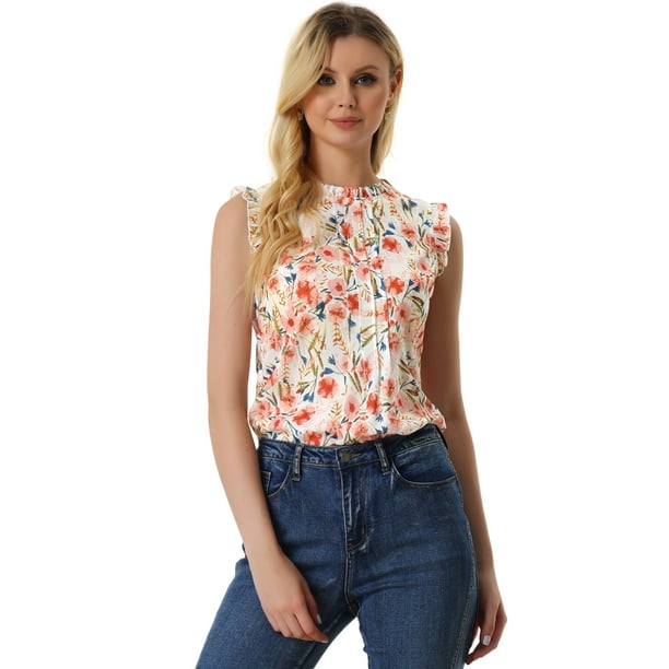 Blusa elegante Allegra K Sin mangas Vintage 1950 volantes Oficina Mujer Blanco Rosa-floral XL