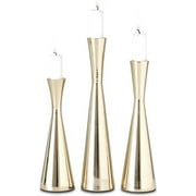 Mid-Century Modern 3 Piece Cone Candle Holder Set, Artisan Crafted, Finished in Gold, Weighted Bottoms, Hand Rubbed Aluminum, 7.75, 9, and 10 Inches Tall