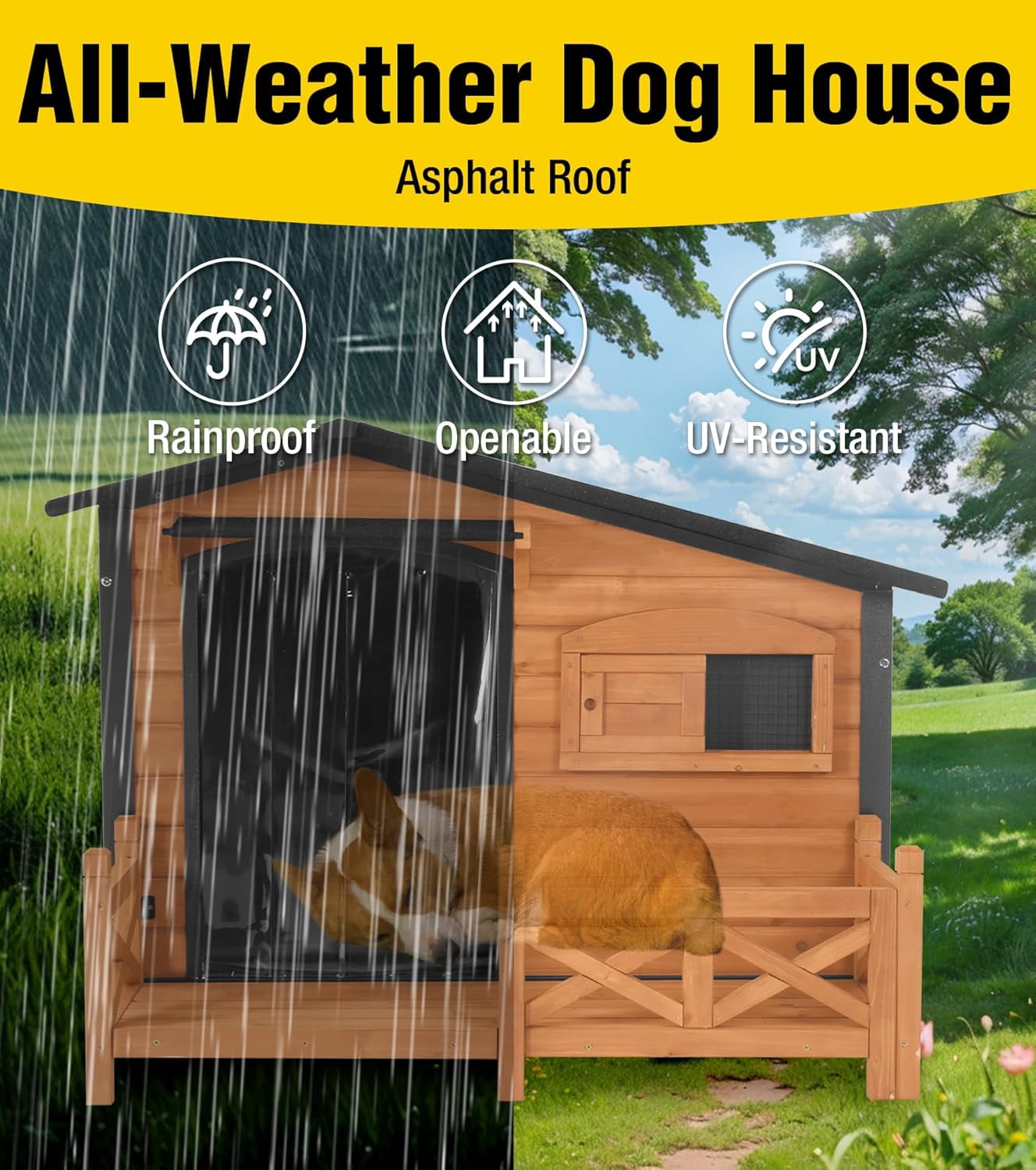 Aivituvin Dog House Outdoor with Anti-Chewing Metal Frame, Wooden Dog Kennel with Sliding Window, Detachable Floor, Weatherproof Roof - Natural