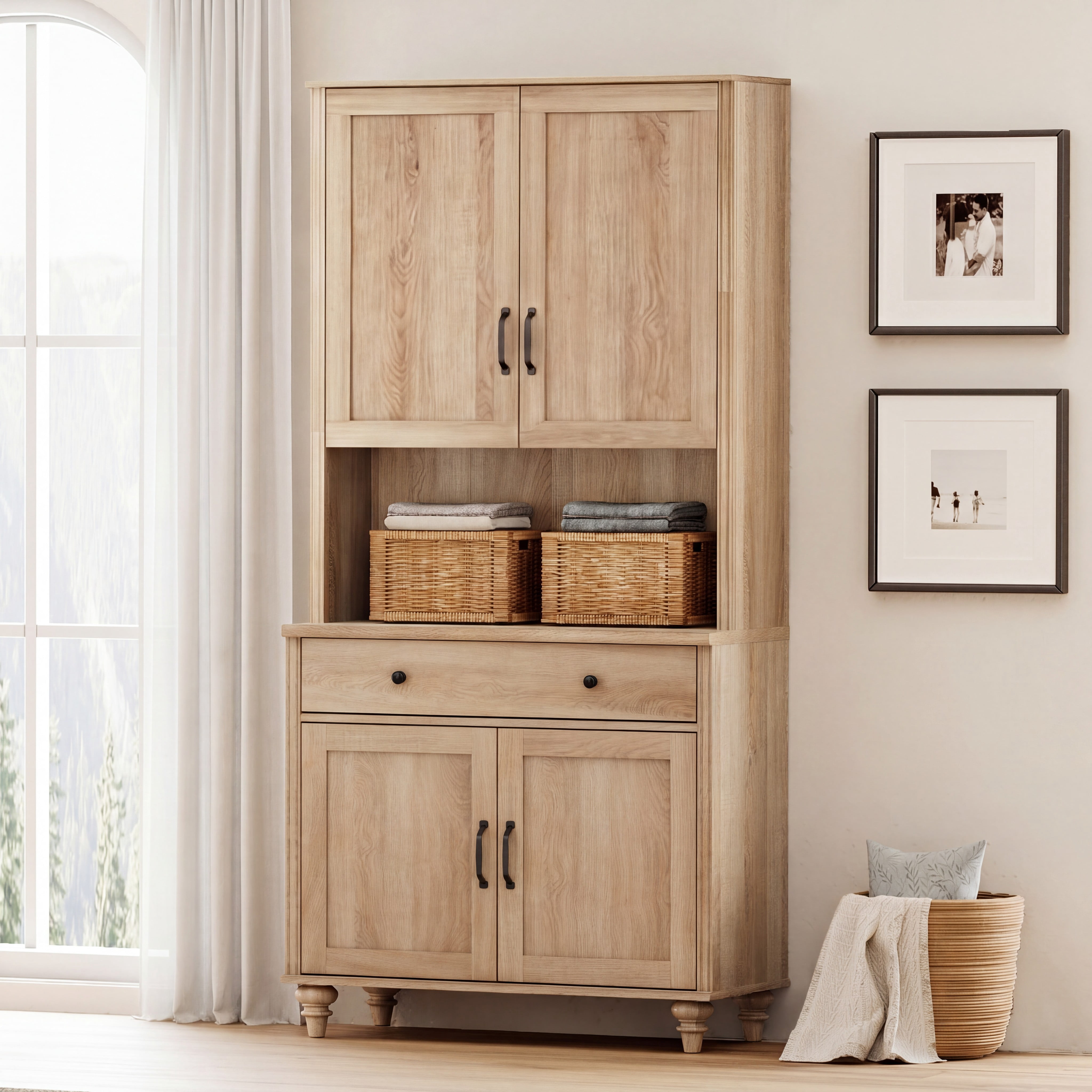 72"H × 34"W Farmhouse Wooden Library Bookcase with Spacious Storage Cabinet, Freestanding Bookshelf for Living Room, Office & Study Room, Oak