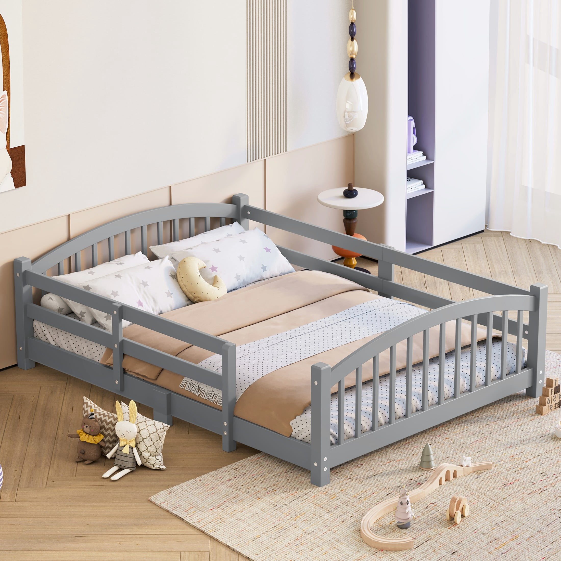 Noble House Full Floor Bed with Slats, Safety Guardrails, Solid Wood Frame, Gray