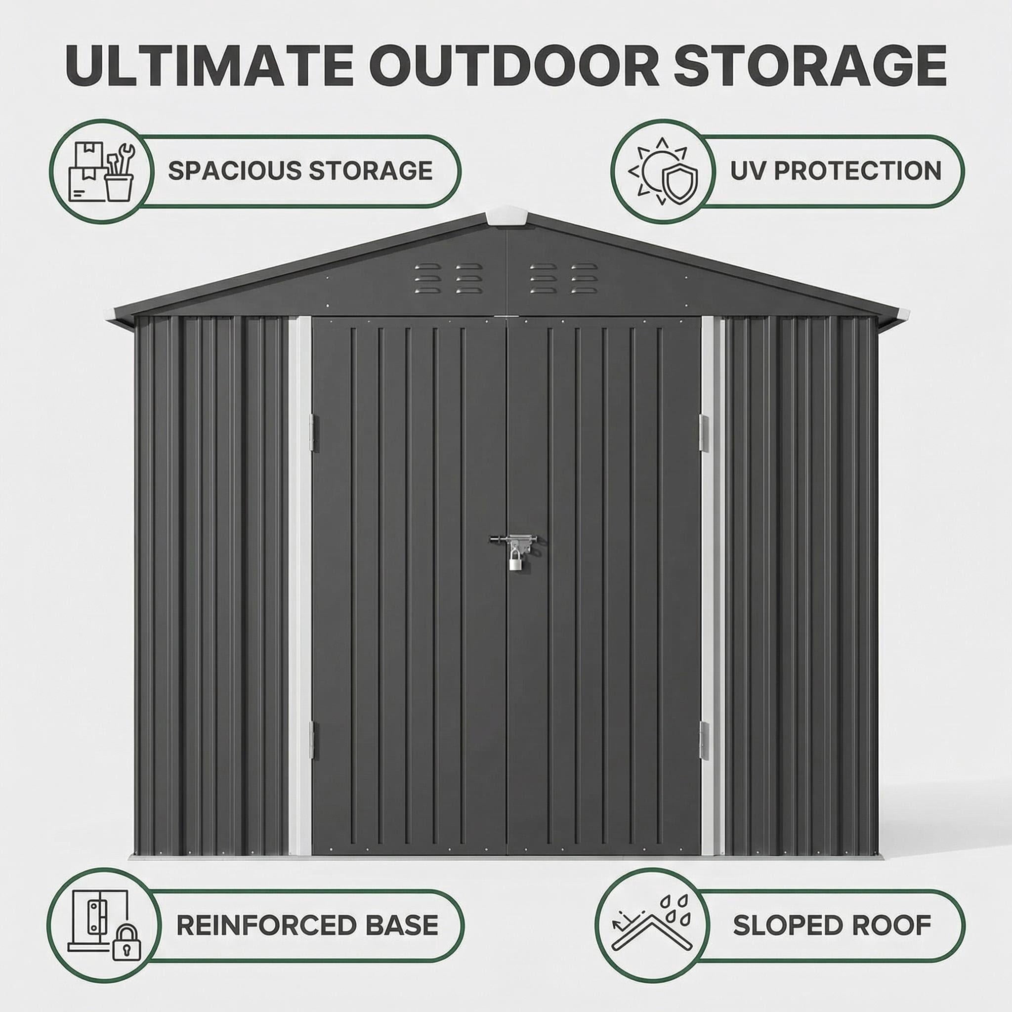 Lofka 8x6 FT Dark Gray Metal Garden Shed | Weatherproof Outdoor Storage with Lockable Doors
