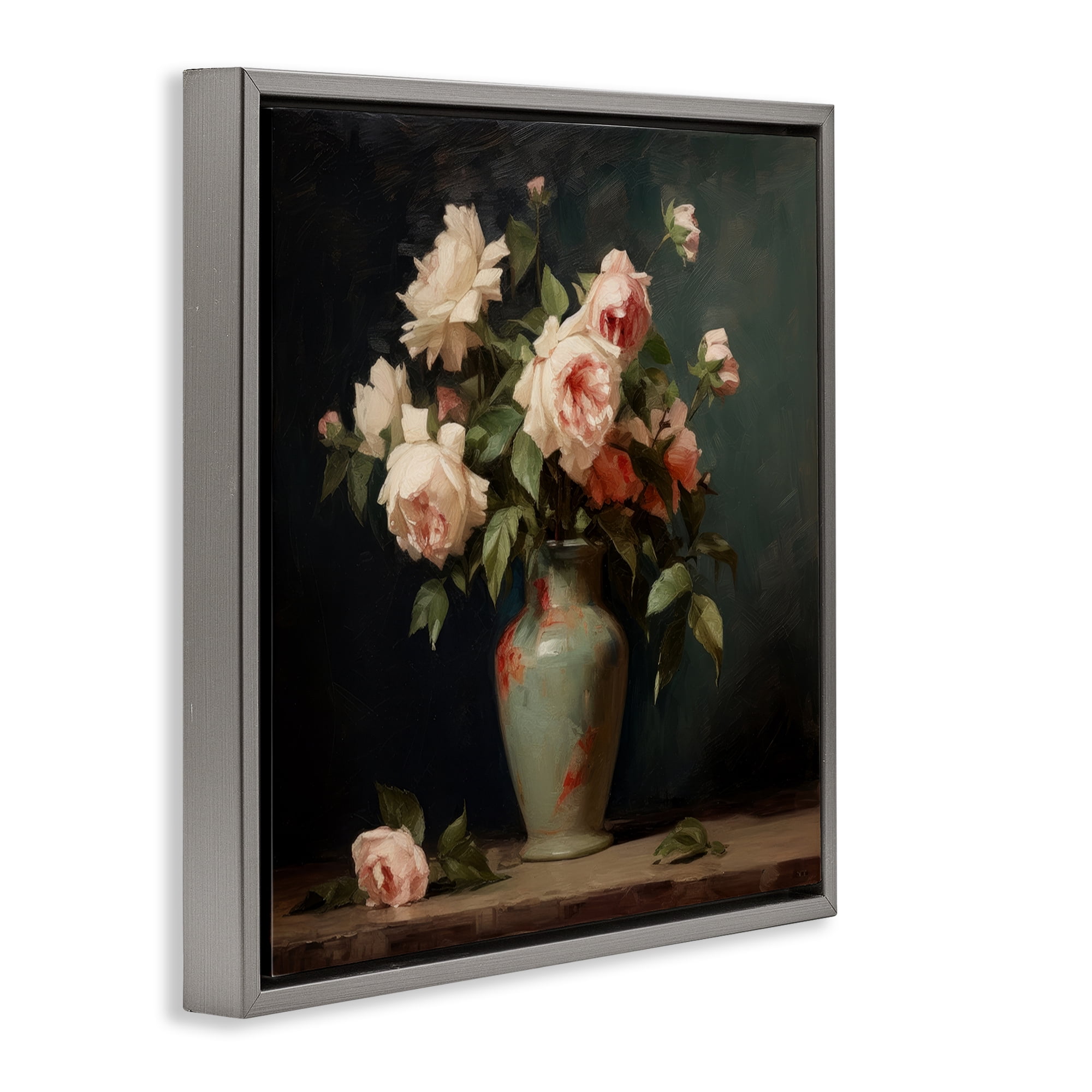 Stupell Industries Vintage Bunches in Vase Plants & Flowers Painting Gray Floater Framed Canvas Art Print Wall Art, 18 x 18