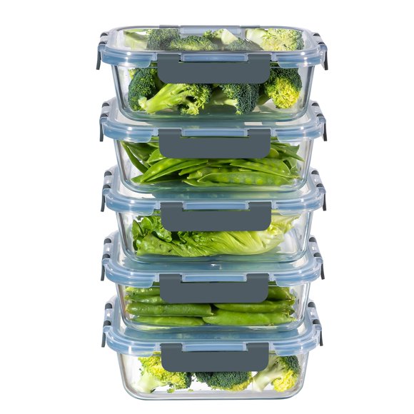 Recipientes de vidrio MFY, paquete de 5 unidades, 1,1 L con tapas, color gris