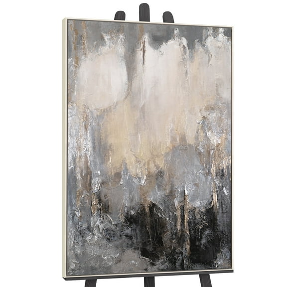 YS-Art Shining Fog Hand-Painted Abstract Canvas Wall Art with Beige Frame, Large Artwork for Home Decor, 48x32 in