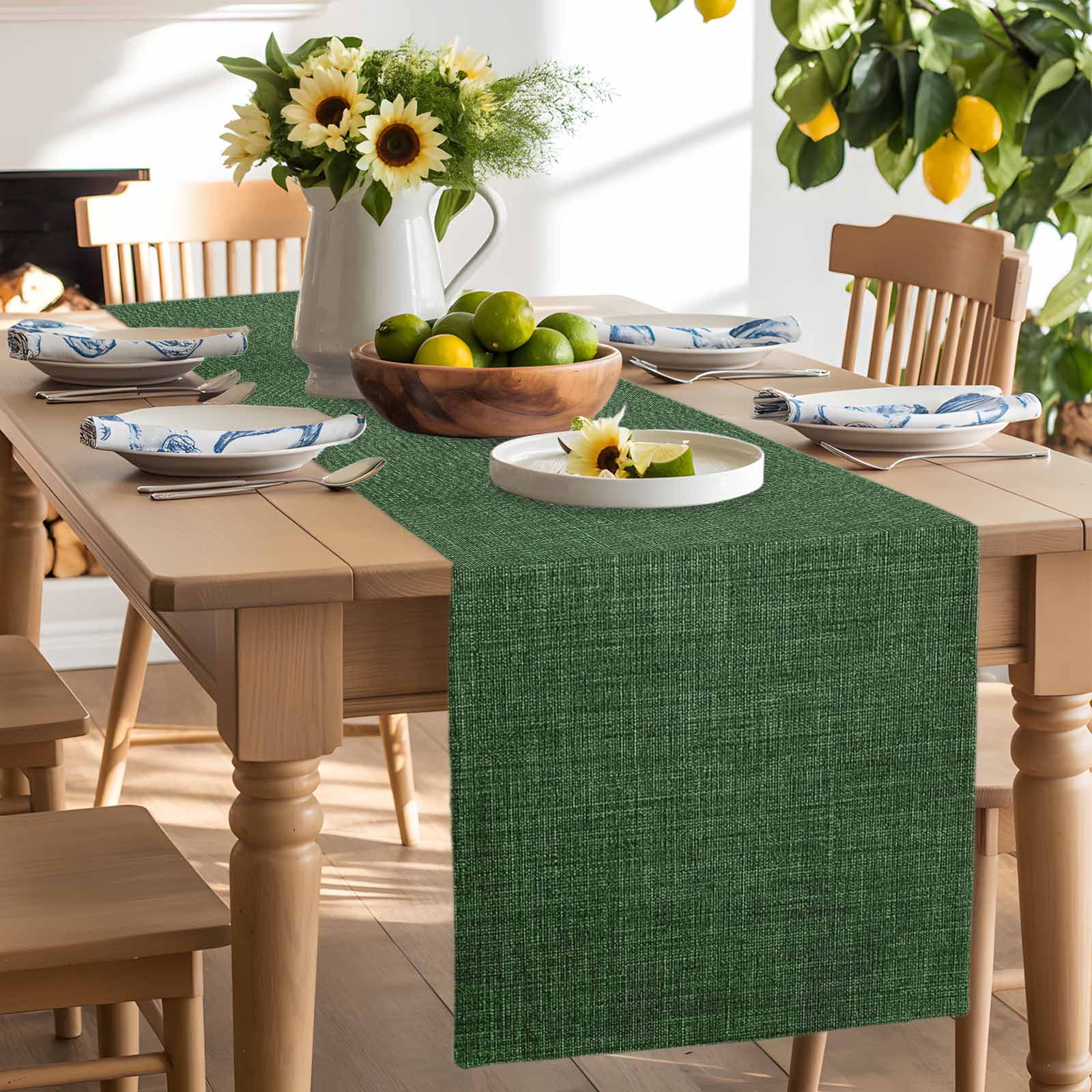 Table Runner 120 Inches Long for Kitchen Dining, Dark Green Dresser Scarf Farmhouse, Dining Table Decorations for Wedding/Parties, Farmhouse Burlap Solid Green Color Modern Linen Texture 13 x 120 In