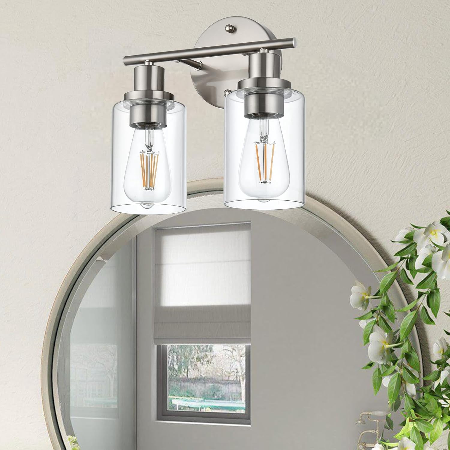 Melucee 2-light Vanity Light with Round Plate – Brushed Nickel Modern Bathroom Light Fixture, Dimmable Wall Sconce for Mirror, Bedroom, Makeup Area