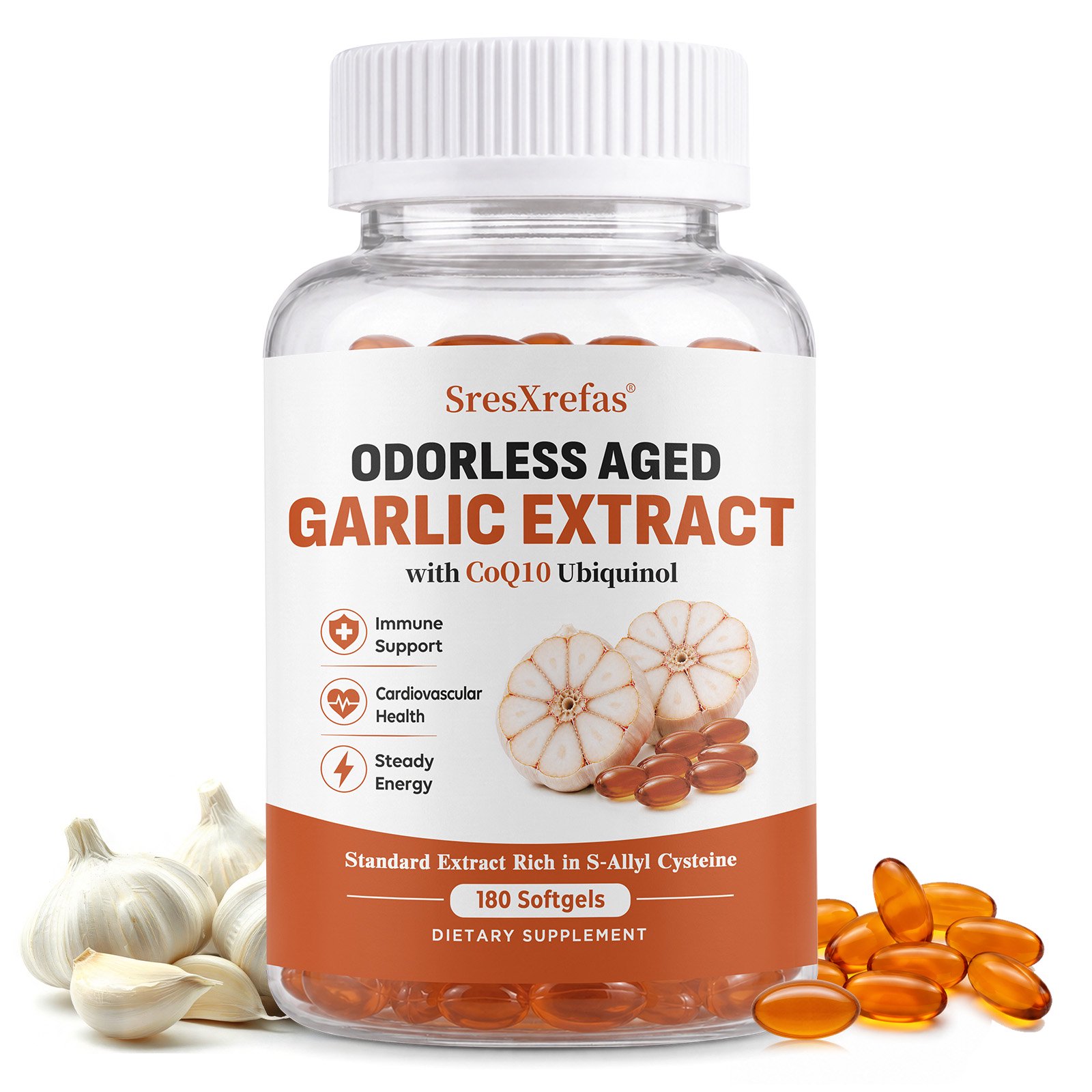 SresXrefas Aged Garlic Extract 1200mg Supplement, Odorless Garlic with CoQ10 Ubiquinol 100mg & Vitamin K2 MK‑7, Supports Immune & Steady Energy, 180 Softgels