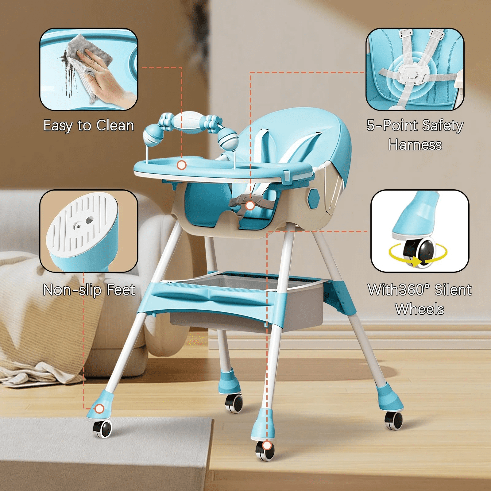 JieC 3 in 1 Baby High Chair, Foldable Baby Feeding Chair, for Infants and Toddlers 0-24 Months, Blue