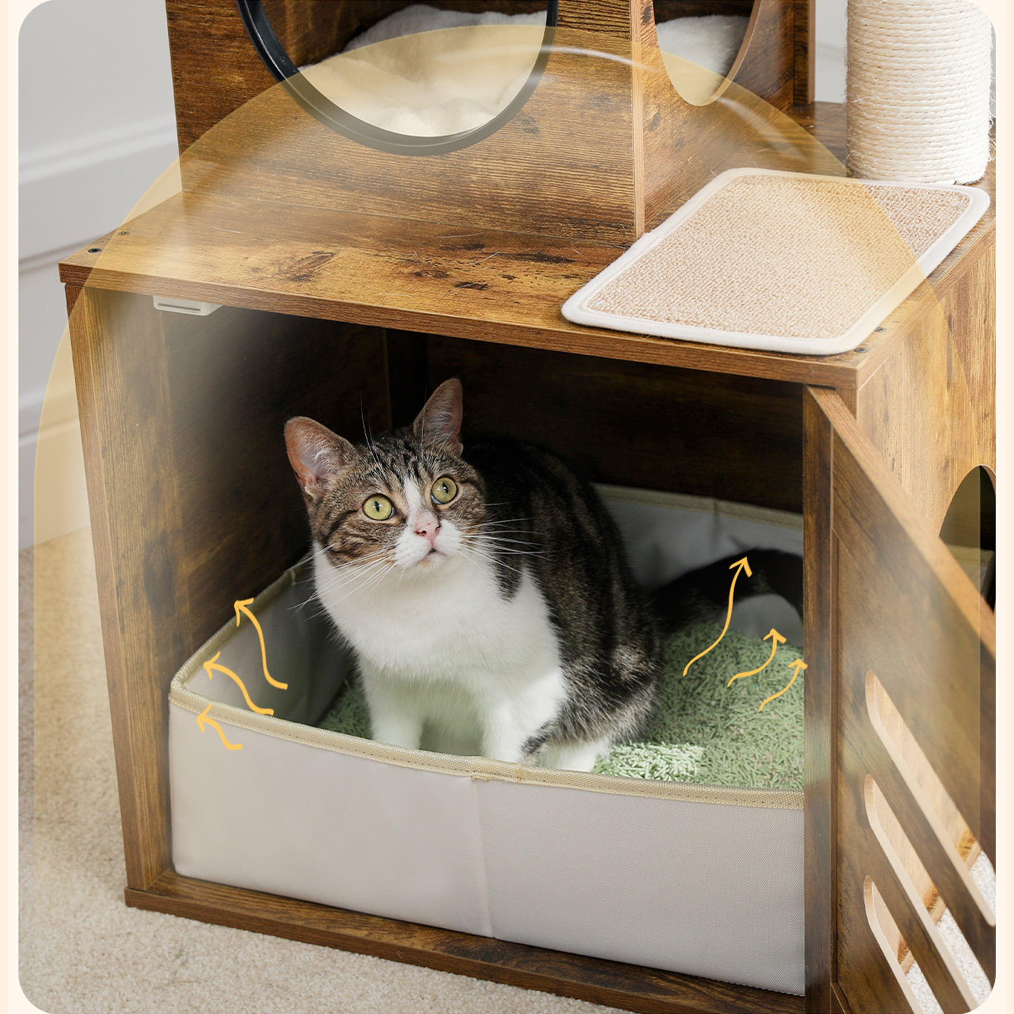 Kadyn 90"-110" Adjustable Height Cat Tree Tower Floor-to-Ceiling, Multi-Level Cat Activity Center, Cat Condo with Litter Box Enclosure, Brown