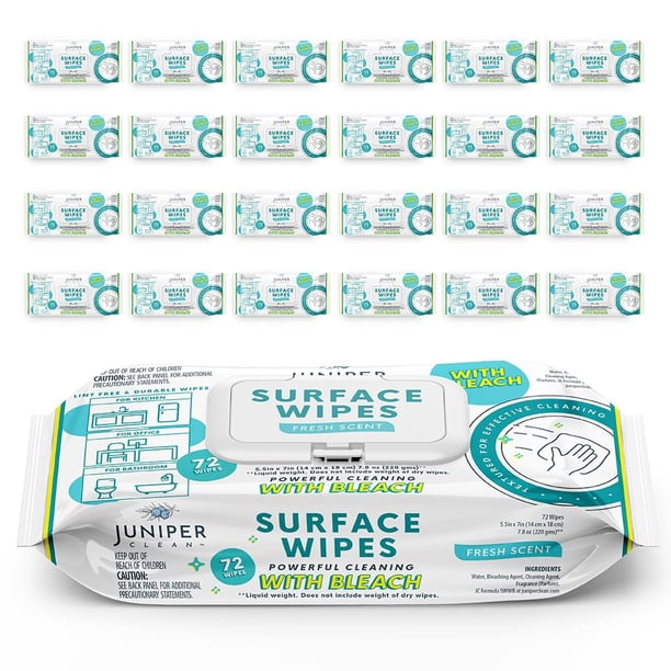 Juniper CLEAN Paquete de 24 toallitas de limpieza de superficies con lejía, limpiador multiusos para baño, cocina, oficina, 1728 unidades, flujo suave, aroma fresco, sin pelusa y duradero