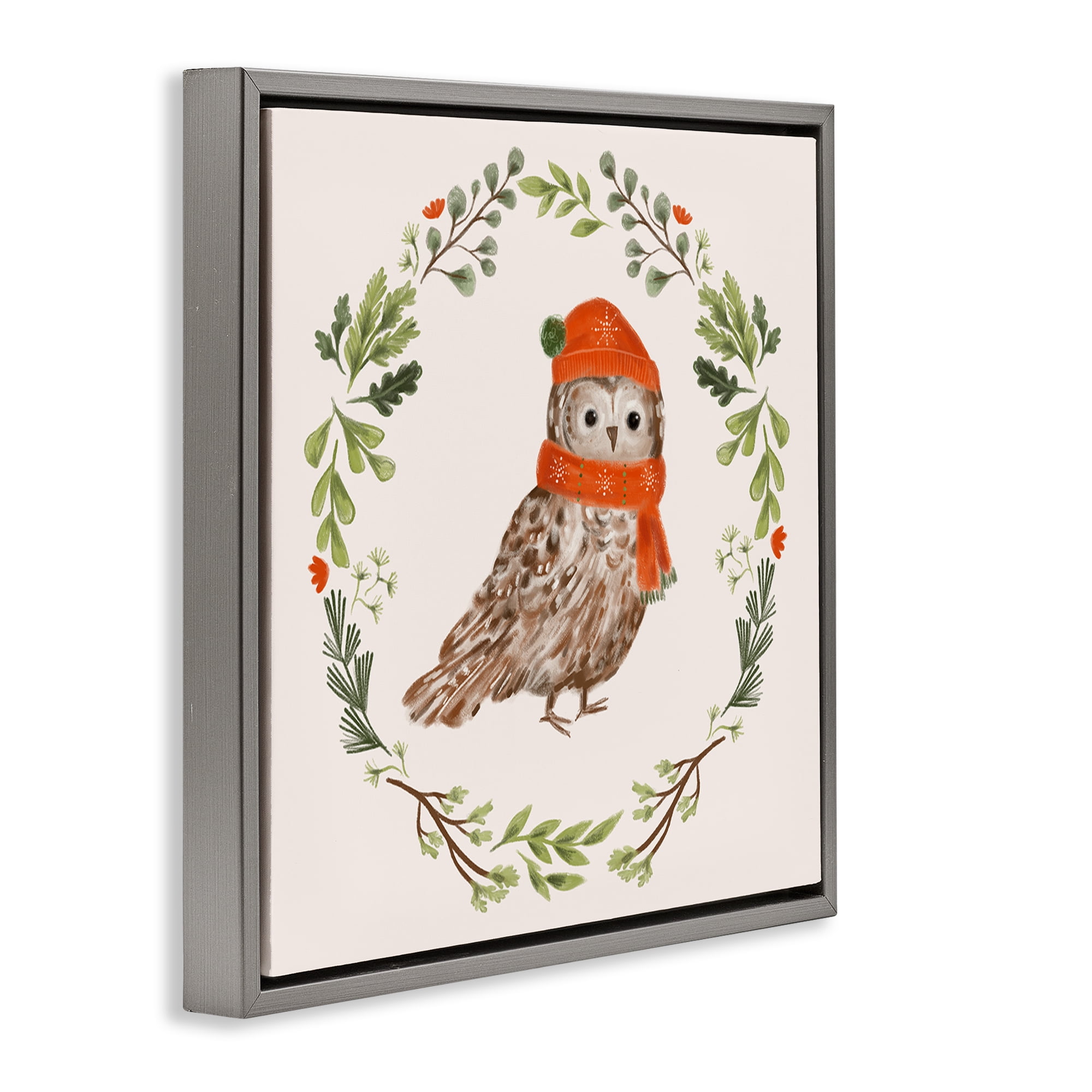 Stupell Industries Holiday Owl Wreaf Holiday Painting Gray Floater Framed Canvas Art Prints Wall Art, 25 x 25
