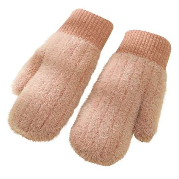 QQAMB Women Winter Fuzzy Warm Mittens, Fashion Chunky Knit Outdoor Gloves Soft Lining Cold Weather Winterproof Warm Gloves