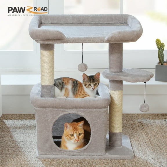 PAWZ Road 27" Cat Tree Tower with Large Perch, Scratching Posts, Cat Condo for Medium Cats, Gray