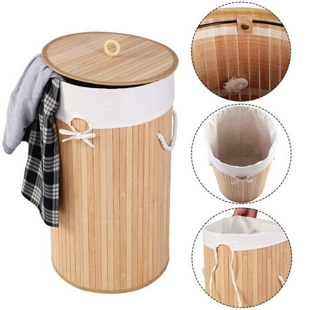 Dark Wood Hamper Folding Barrel Type Bamboo Laundry Basket, Dirty Clothes Hamper Household Storage Box with Removable Liner and Lid (Wood Color) ()