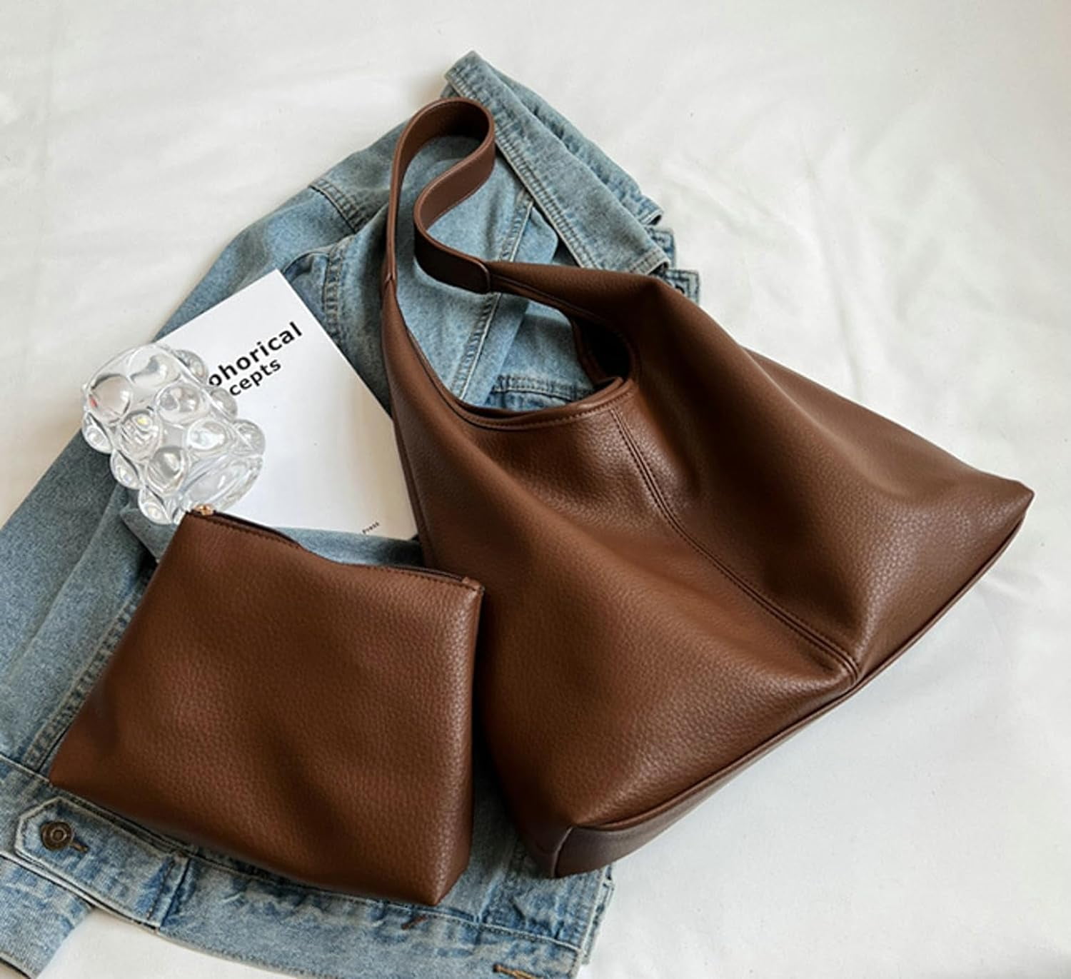 HLSOHJP Slouchy Hobo Bags for Women Tote Bag Retro PU Leather Crossbody Purse Soft Shoulder Purses 2pcs Work College Handbags