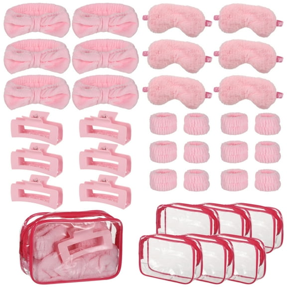 6 Sets Pink Party Favors, Pink Sleepover Party Supplies, Includes Eyemasks, Headbands, Claw Clips, Wristbands, and Cosmetic Bags, Slumber Spa Party Accessories