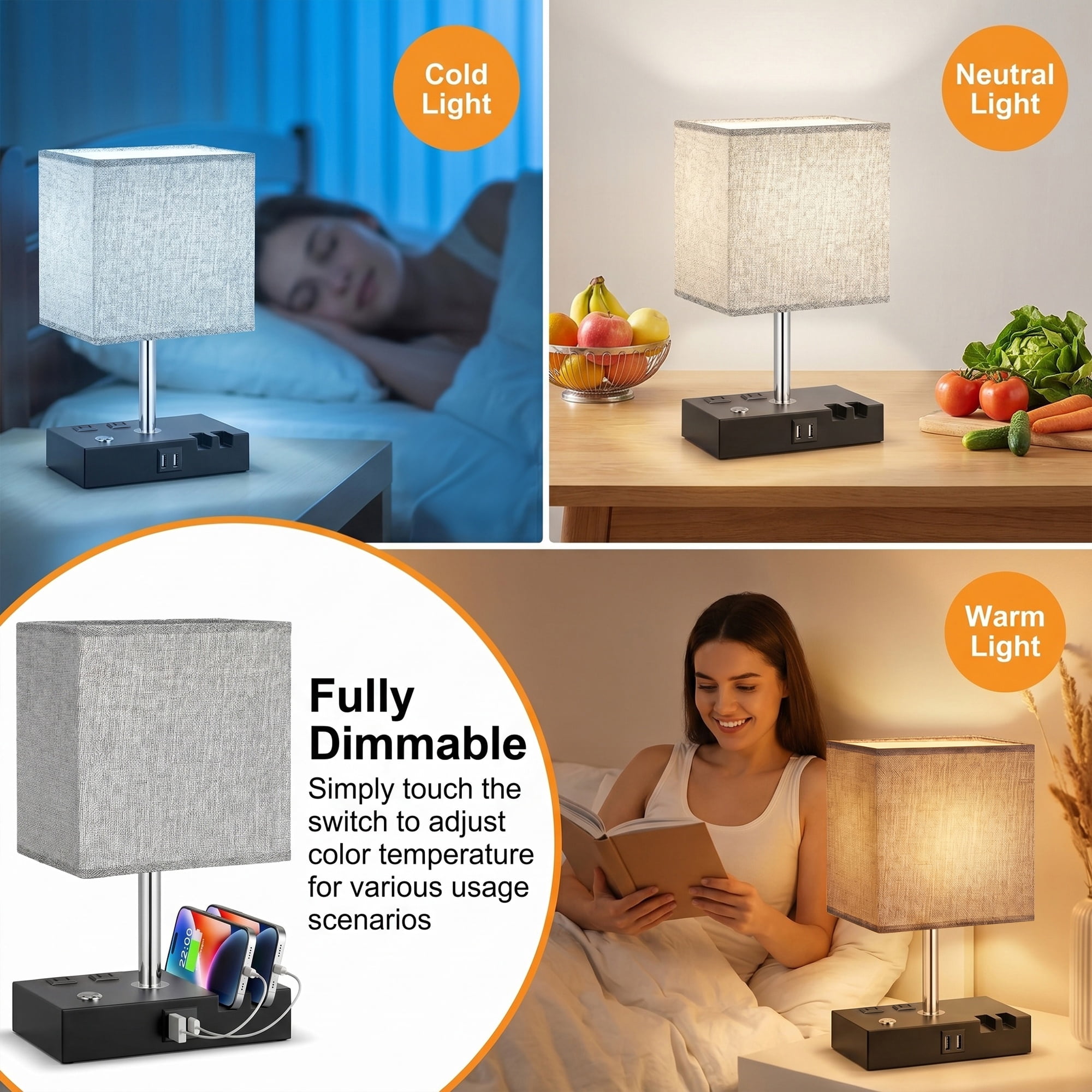 DAYBETTER Bedside Table Lamp , Dimmable Table Lamp with Touch Control & USB C+A Charging Ports， 3 Color Temperatures for Bedroom, Living Room, Office