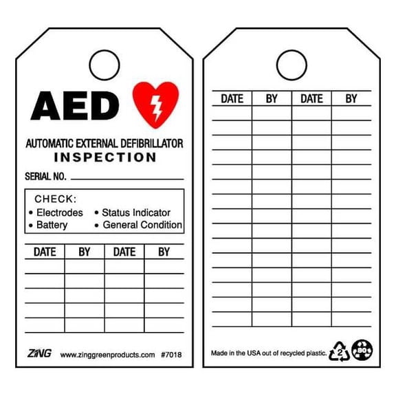 Zing Tag, AED, Plastic, 5 3/4 in H x 3 in W, White, Rectangle, 10 PK 7018