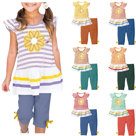 YABCSAZ Toddler Baby Girls Outfits Sets Ruffle Short Sleeve T-Shirt Tops and Short Pants Kids Summer Casual Clothes Sets Girls 2Piece Playwear Beach Outfits Size 4 Years