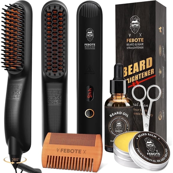 Beard Grooming Kit for Men – All-in-One Beard Care Gift Set with Heated Straightener Brush, Beard Oil & Balm, Wood Comb & Scissors – Premium Gift for Dad, Husband, Boyfriend