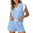 thumbnail image 7 of Women's Athletic Clothing Sets Summer Casual Two Piece Outfits Womens Ruffled Sleeveless V Neck Tops and Drawstring Waist Shorts Soft Breathable Beach Vacation Daily Wear Light Blue XL, 7 of 7