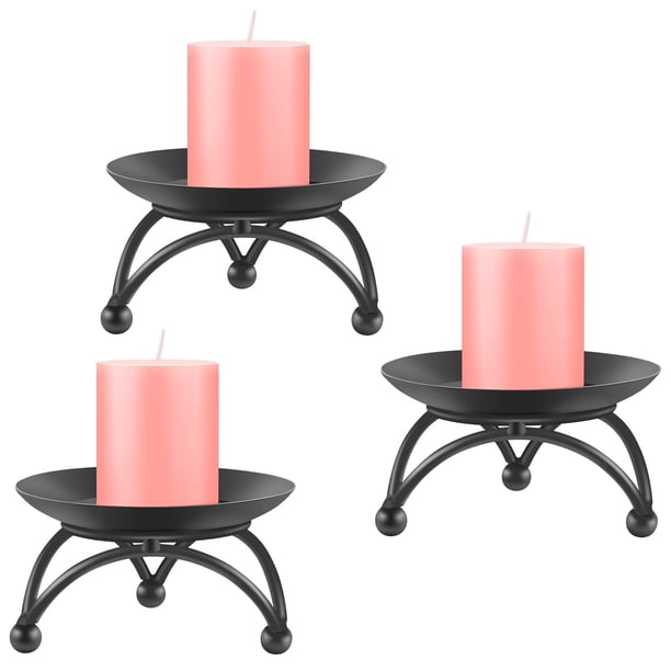 Candelabro de pilar, candelabro de hierro, candelabros para velas de pilar, bandeja de vela negra para fiesta, boda, mesa, hogar (juego de 3)
