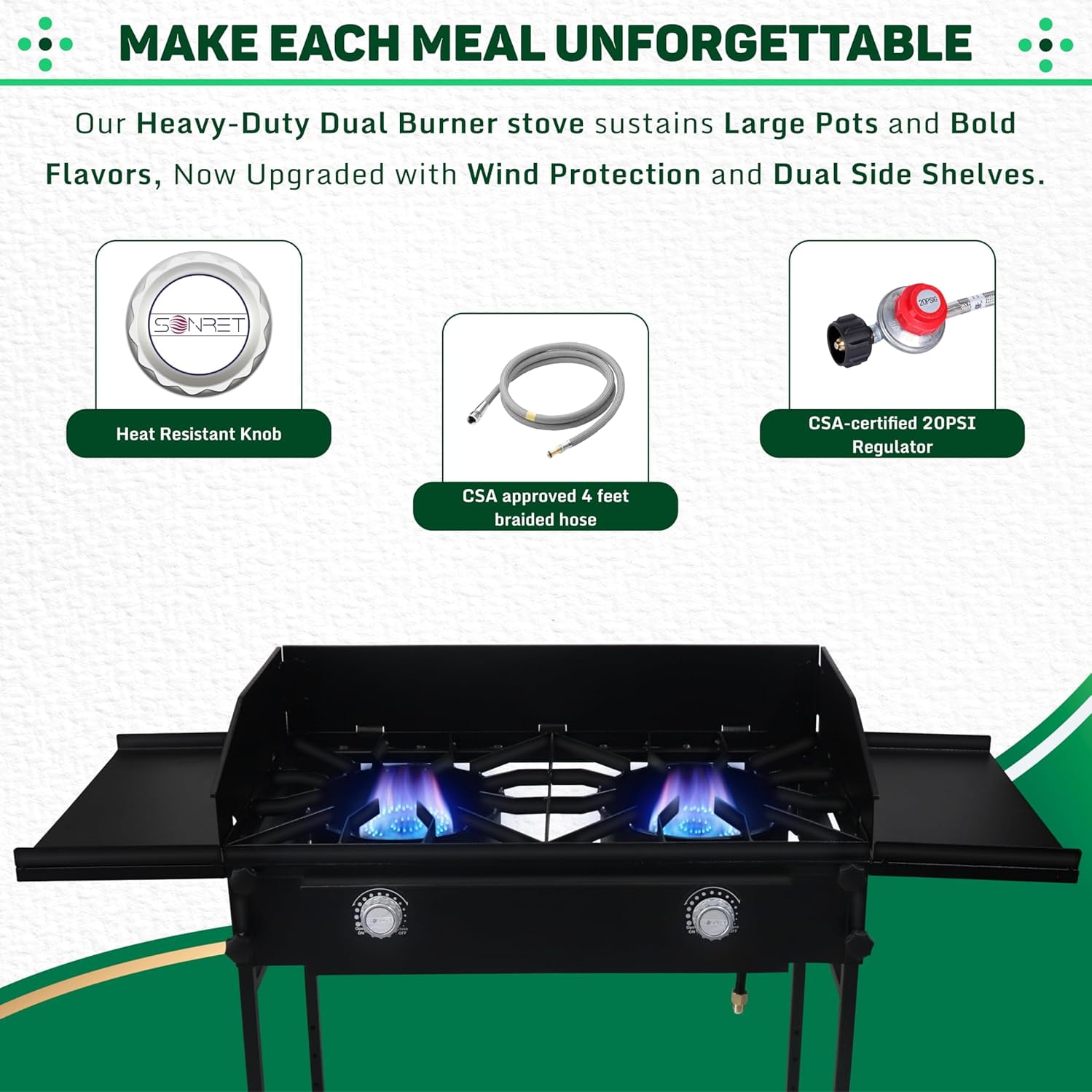 SONRET - Double Burner Propane Outdoor Gas Stove - with Dual Side Shelf & Wind Panel
