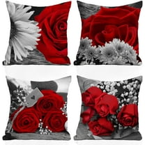 Red Flower Throw Pillows Covers 18x18 Set of 4 Red Rose Black Gray Decorative Pillow Covers for Couch Bed Square Flower Pillow Cover Linen Farmhouse Pillow Cases Spring Summer (Red)