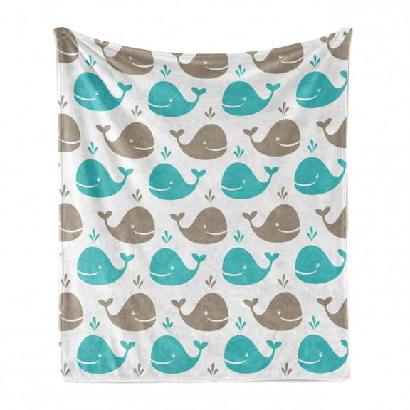 Sea Animals Soft Flannel Fleece Throw Blanket, Pattern Smiling Whale Cartoon Repeated Design Children Illustration, Cozy Plush for Indoor and Outdoor Use, 70" x 90", Tan Turquoise White, by Ambesonne