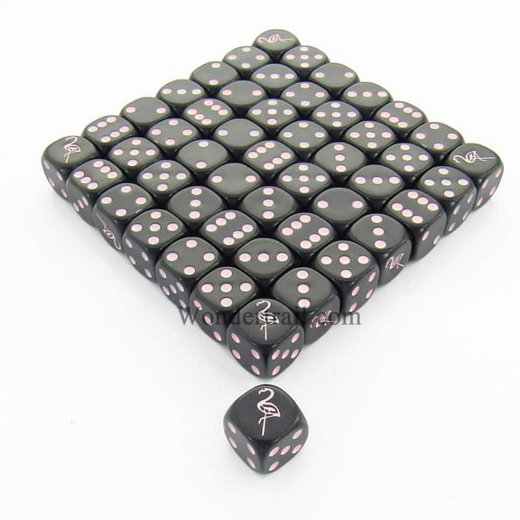 Flamingo Dice Opaque Black with Pink Pips 16mm (5/8in) Bulk Pack of 50 Koplow Games
