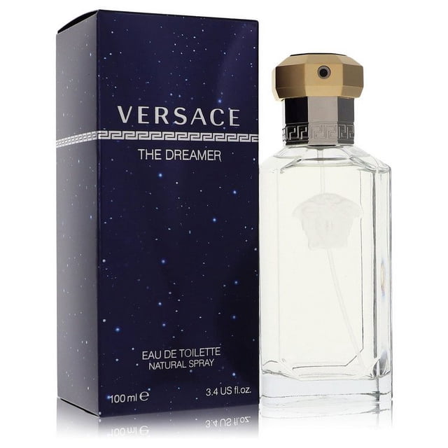 perfume versace dreamer eau de toilette 100 ml para hombre, botella transparente con tapón dorado y relieve Medusa, junto a caja azul oscuro con logo Versace y texto "The Dreamer".