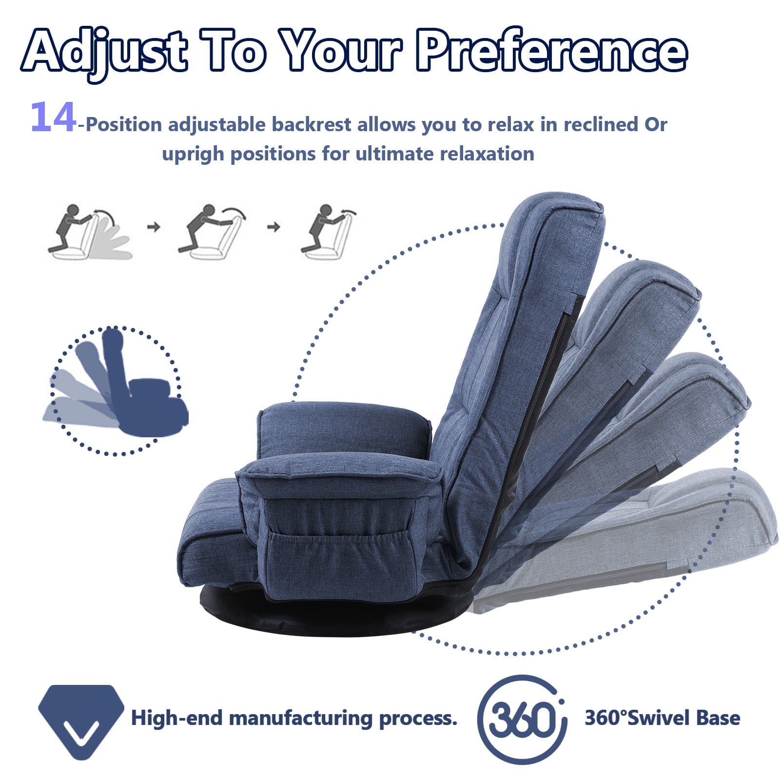 360 Degree Swivel Floor Chairs for Adults, Gaming Floor Chair with Back Support, 14 Angles Adjustable Comfortable Floor Lounge Chair Folding Video Game Chairs Office Bedroom