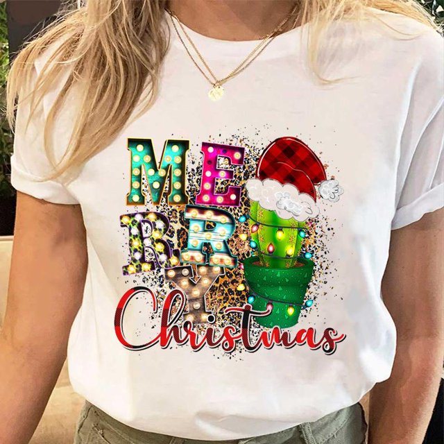 Camisetas estampadas de Papá Noel para mujer, camiseta de Navidad y Año Nuevo de los años 90, ropa femenina, Tops estampados, camiseta gráfica de dibujos animados a la moda para mujer