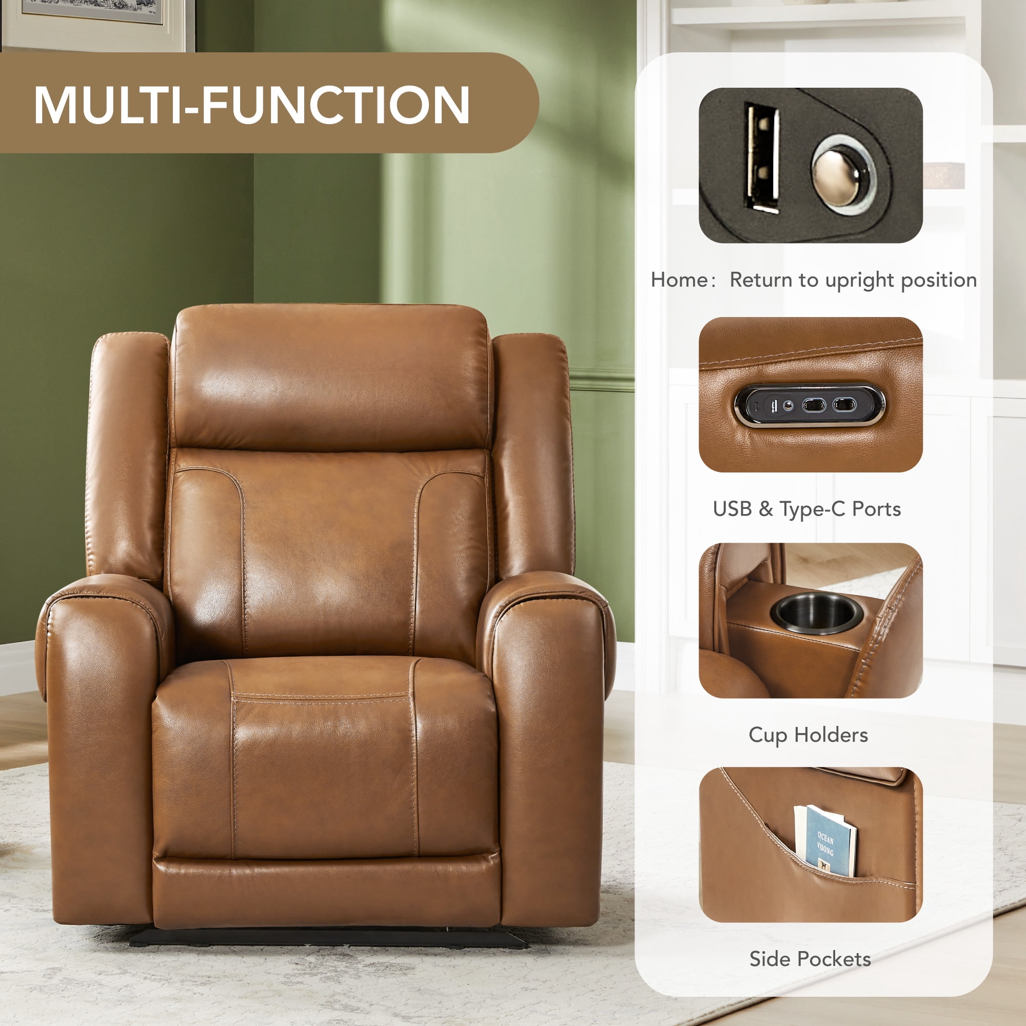 Spruce & Spring Wall Hugger Genuine Leather Power Recliner with Headrest, Saddle