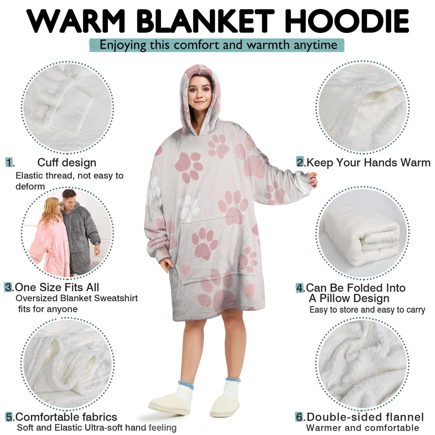 Pink Dog Paw Wearable Oversized Blanket,Wearable Blanket Hoodie for Adults,Cozy Hooded Blankets with Super Pockets,Super Warm Fuzzy Pullover for Women & Men