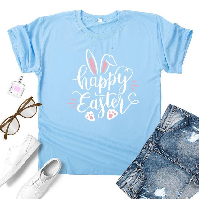 Blouse d'Été Grande Taille à Manches Courtes pour Femmes, T-shirt Imprimé Col Rond de Pâques, Blouse Décontractée Ample à Manches Courtes, T-shirt Col en V pour Femmes en Liquidation