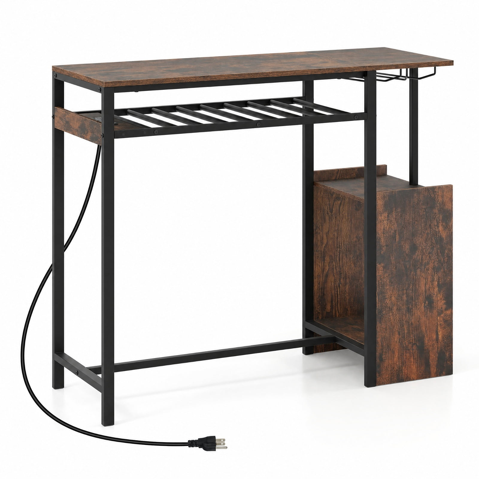 Furnibear Rectangular Bar Table with Charging Station and LED Light for Kitchen Dining Bar Bistro Pub Home Counter Height, Rustic Brown