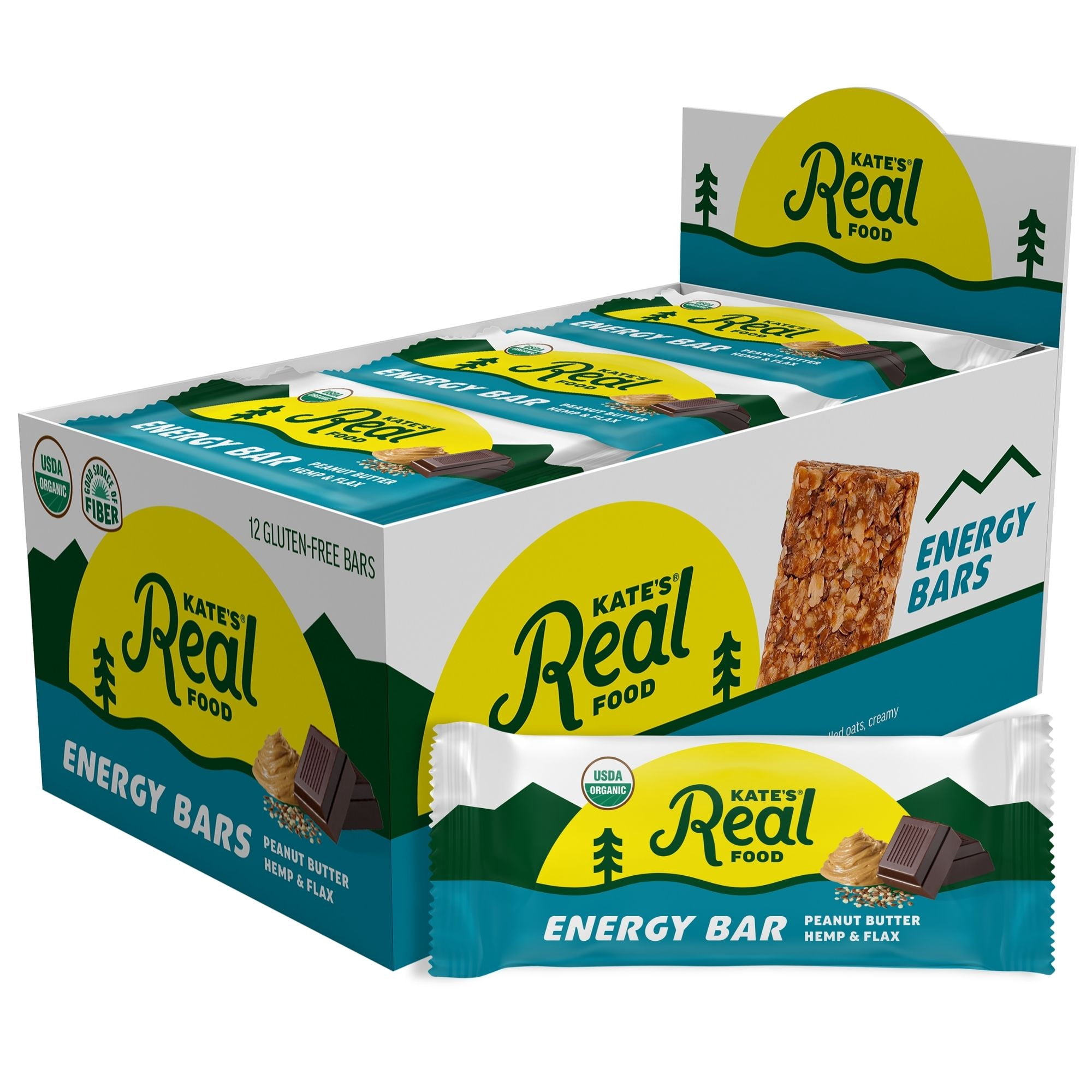 Kate’s Real Food Organic Granola Peanut Butter Hemp & Flax All Natural Energy Bars - Non GMO, Soy Free, Whole Grain, and Made with Gluten Free Oats - 12 count