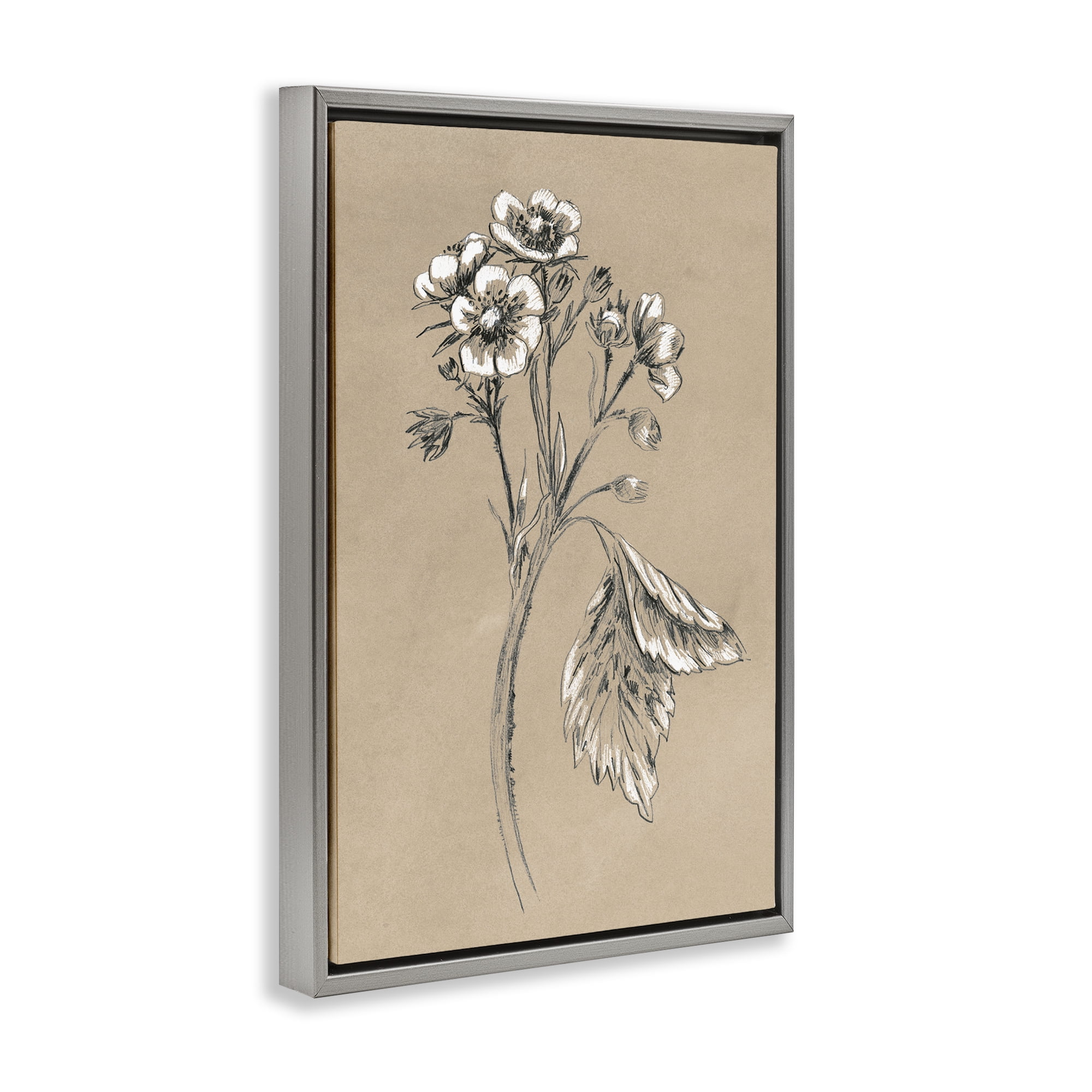Stupell Industries Flower Sprig Sketch Botanical & Floral Drawing Gray Floater Framed Art Print Wall Art, 17 x 25